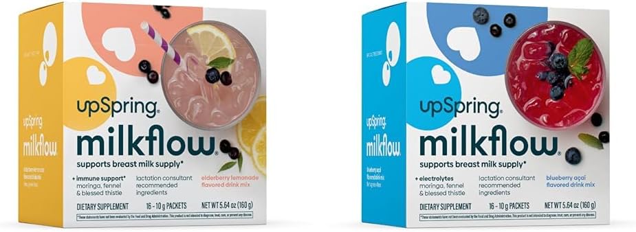 UpSpring Milkflow Emziring Supplement Drink Mixes | Fenugreek-Free | Moringa | Elderberry Lemonade & Blueberry Acai Flavors | Lactation Supplements*