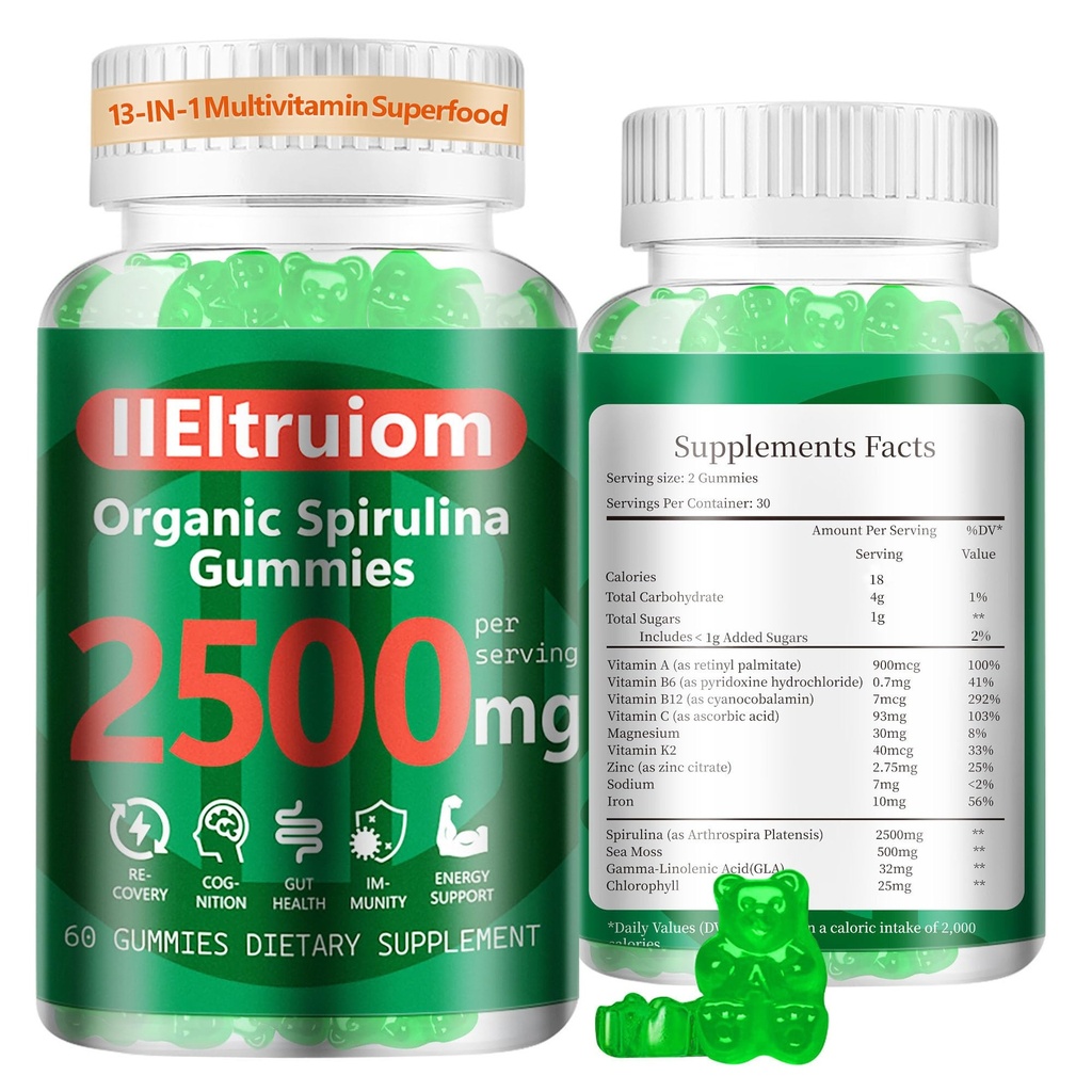 Organic Blue Spirulina Chlorella Gummies, 13-σε-1 Super Greens & Superfoods, Spirulina 2500mg Ενισχυμένη Καθημερινή Ενέργεια με θαλάσσια Moss, Chlorophyl, GLA, Χωρίς Γλουτένη, 60 Vegan Gummies