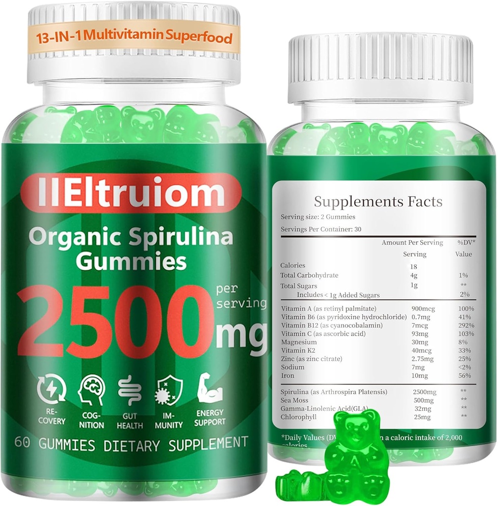 Organik Blue Spirulina Chlorella Gummies, 13-in-1 Super Greens & Superfoods, Spirulina 2500 mg Sea Moss, Chlorophyll, GLA, Gluten Free, 60 Vegan Gummies