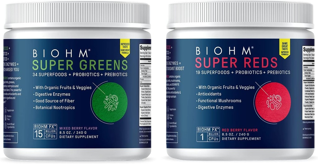BIOHM Super Reds ve Greens Sche, Superfood Toz Probiyotiks ve Digestive Enzymes, Antioksis ve Polyols, Allergen Free, Non-GMO, Vegan - 30 Her Şeye Sahip