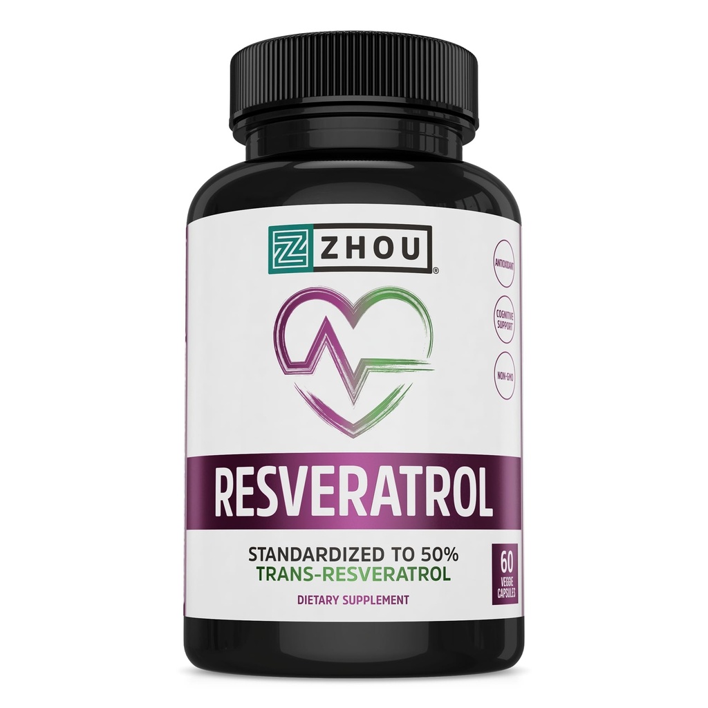 ZHOU Resveratrol - Resveratrol 1000mg Nutritional Supplement for Women & Men, Pure Ultra Strength Heart Health and Antioxidant Support Formula - 60 Veggie Capsules
