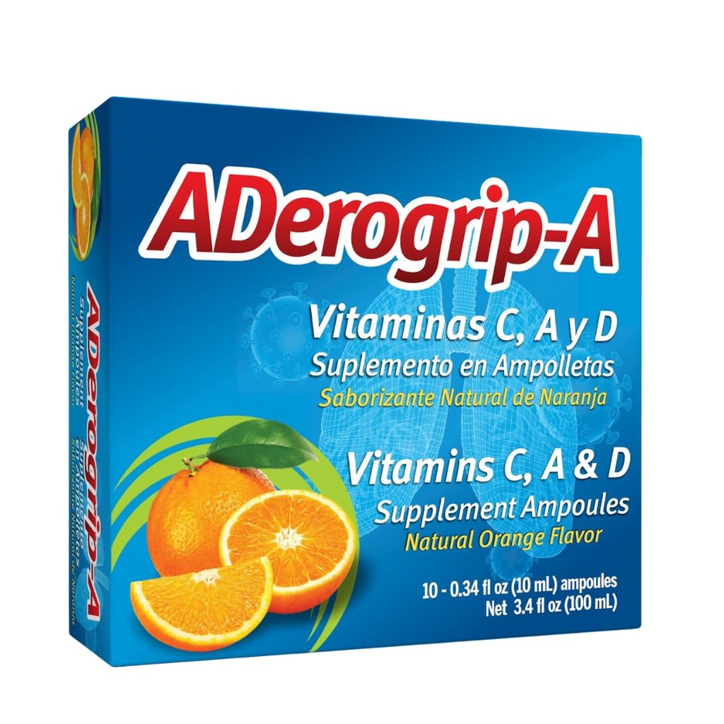 Aderogripa Immune Support Vitamins C, A & D | Sıvı Supplement | 10 Doğal Orange Flavor Ampoules | Immune System | Box of 10 x 10 ml Ampolletas | Suplemento En Ampolletas
