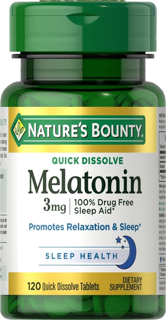 Nature's Bounty Melatonin, Tavsiyeler ve Uyku, 100% Uyuşturucu Ücretsiz Uyku Yardımı, 3 mg, 120 Hızlı Dissolve Tabletleri