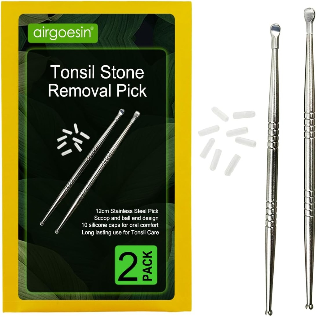 Airgoesin 2round Tonsil Stone Removal Pick Tonsillolith Premium Tool Paslanmaz Çelik Oral Temiz 10 Yumuşak Silikon Caps