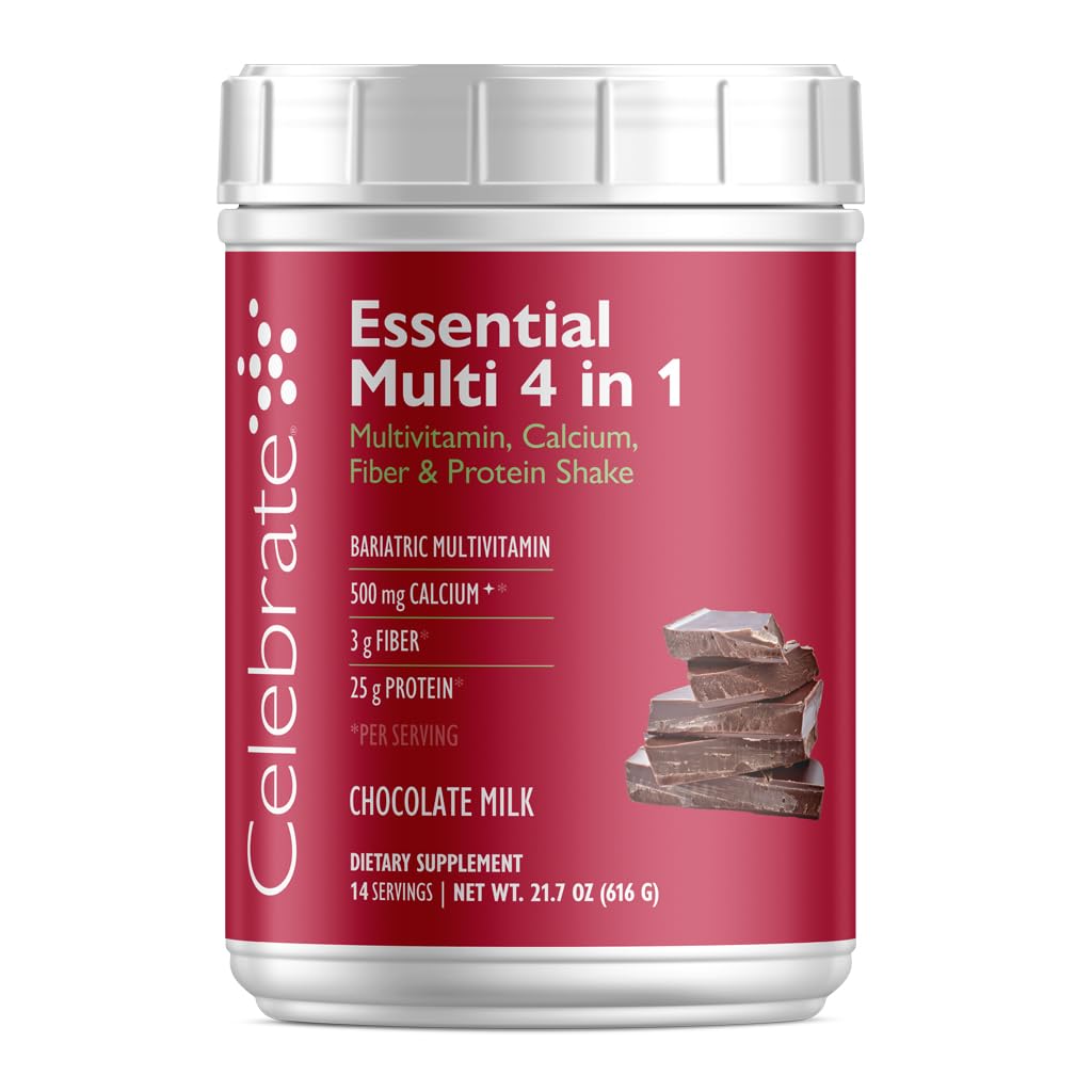 Celebrate Vitamins Essential Multi 4-in-1 Powder - Bariatric Multivitamin, 500mg Calcium, 4g Fiber, 25g Protein Shake Mix - Chocolate Milk (14 Servings)