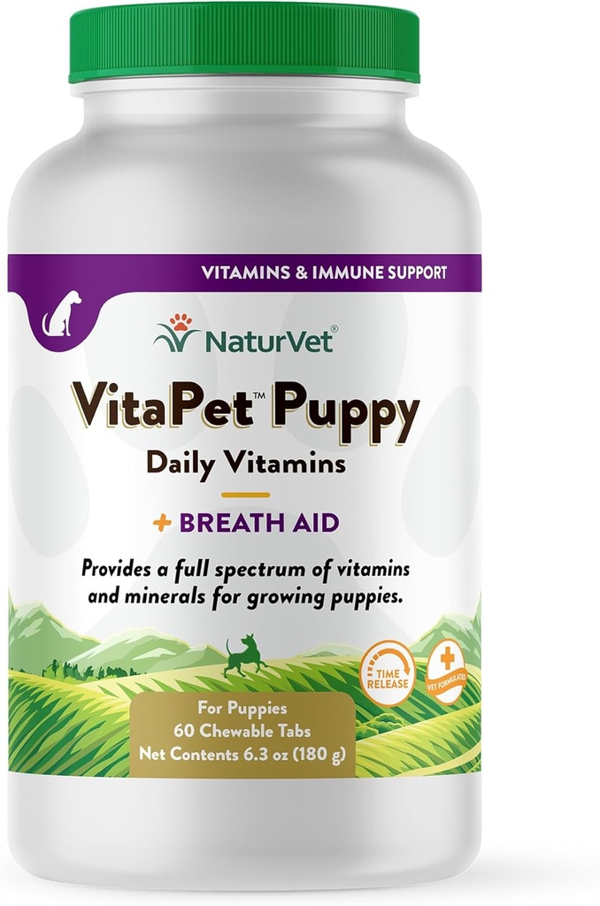 NaturVet VitaPet Puppy Daily Vitamins Plus Βοηθητικό αναπνοής για κουτάβια, 60 ct Time Release, Chewable Tablets, Made in The USA with Globally Source Ingredients