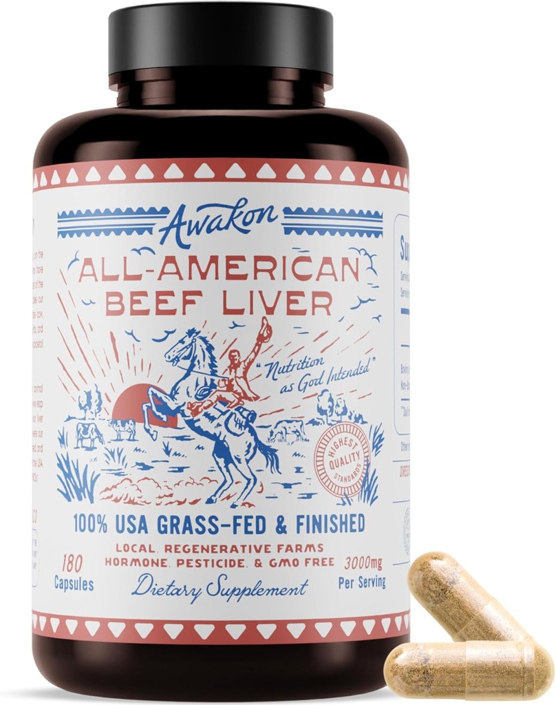 All American Beef Liver Capsules | 100% USA Grass Fed Pasture Yükseltilmiş | GMO, Hormon Free | Immunity, Digestion, Energy, w/Vitamin A, Natural Heme Iron, B-12 | Freeze (180ct, 3000 mg)