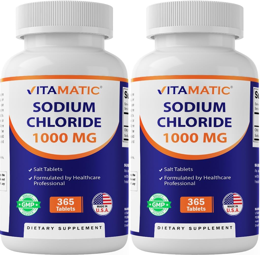 Vitamatic sodyum Chloride 1000 mg - 365 Tablet -2 Şişeler Elektrolyte Replenisher & Hydration Support – Non-GMO, Gluten-Free-GMO, Gluten-Free-Free
