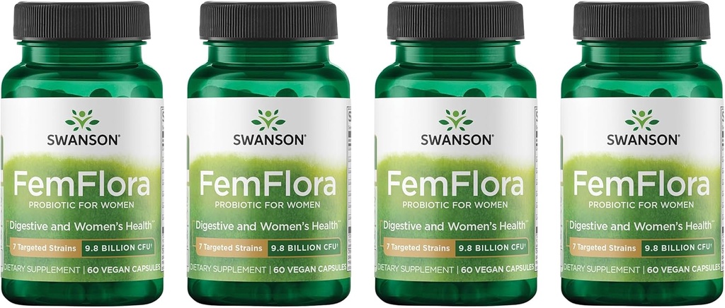 Swanson FemFlora - Feminine Probiyotik Supplement The Mouth, GI Tract ve Vagina - 9 Milyar CFU Per Capsule ile Kadınlar için Probiyotikler - (60 Capsules) (4 Pack)