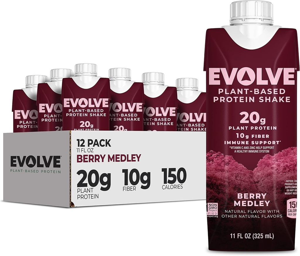 Evolve Plant Based Protein Shake, Berry Medley, 20g Vegan protein, Immune Support, Vitamin C & çinko, Süt Free, No Yapay Sweeteners, Non-GMO, 10g Fiber, 11oz, (12 Pack) (Formula Vary)