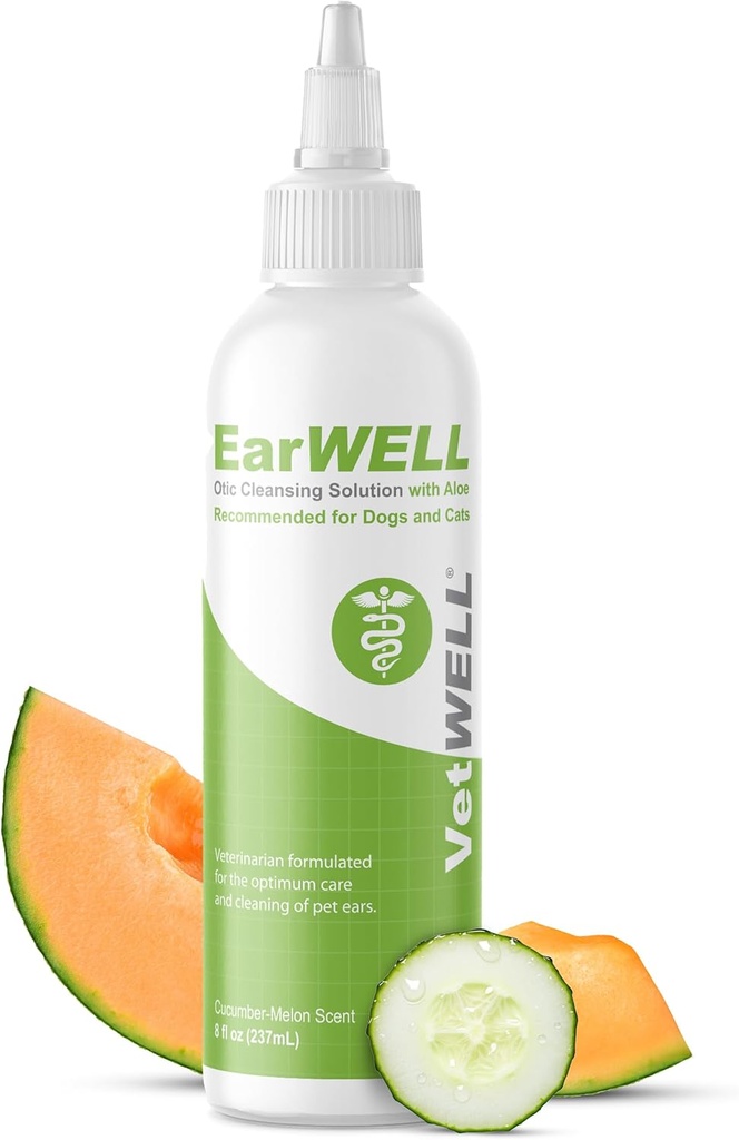VetWELL Ear Cleaner for Dogs and Cats - Otic Rinse for Infections and Controlling Ear Infections and Odor in Pets - 8 oz (Cucumber Melon)