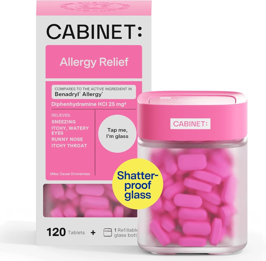 Cabinet: Diphenhydramine 25mg Αλλεργία Relief Αντιισταμινικά Δισκία για Αλλεργίες, Πυρετός Hay, και Runny μύτη, 120 δισκία (Αναπλήρωση γυάλινο μπουκάλι)