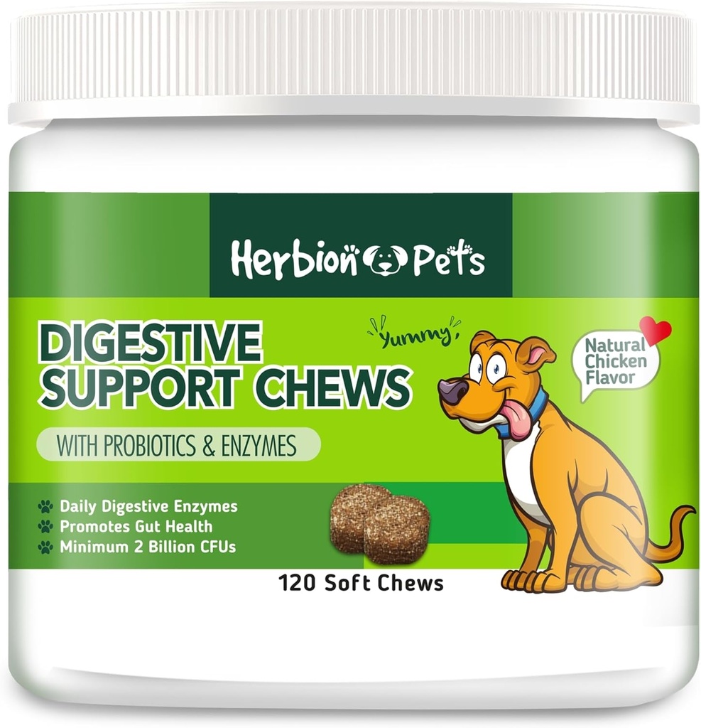 Herbion Evcil hayvanlar Probiyotiks & Enzymes ile Chews, 120 Soft Chews, Daily Digestive Enzymes ile iyileştirilmiş Gut Health için, Minimum 2 Milyar CFU'lar için ABD'de Yapıldı