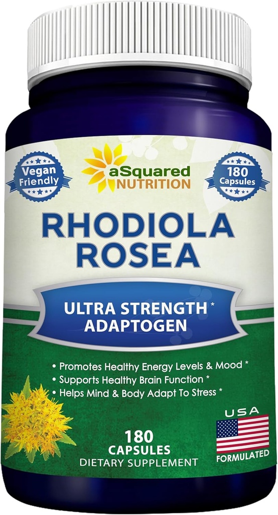 ASquared Beslenme Rhodiola Rosea Supplement 1000 mg - 180 Vegan Capsules - Max Strength Rhodiola Kökleri Pills Saf Enerjiyi Geliştir, Beyin Fonksiyonlar ve Stres Yardımı - Altın Kök Herb Toz Tabletleri