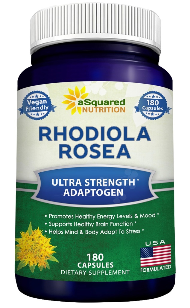 aSquared Nutrition Rhodiola Rosea Συμπλήρωμα 1000mg - 180 κάψουλες Vegan - Max Strength Rhodiola Root Extract Χάπια Βελτιώνουν την καθαρή ενέργεια, τη λειτουργία του εγκεφάλου και το στρες ανακούφιση - Golden Root Herb Powder Tablets