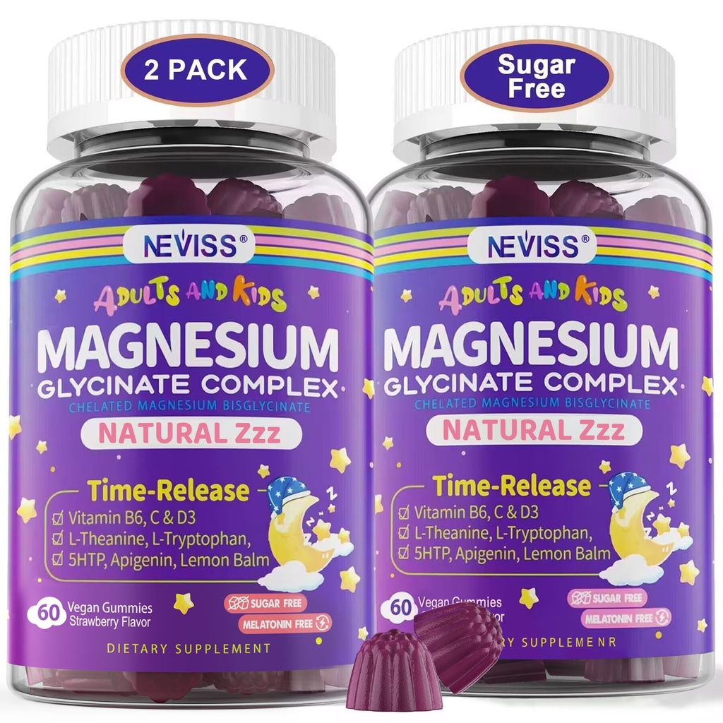 Γλυκινικό μαγνήσιο Glycinate Gummies για ενήλικες & παιδιά 4+, χωρίς ζάχαρη Μαγνήσιο Bisglycinate συμπλήρωμα 400/200mg με B6D3, 5HTP, L-Θεανίνη για ύπνο & χαλάρωση, εγκέφαλος, μυς, Melatonin Free Gummies,2Pack