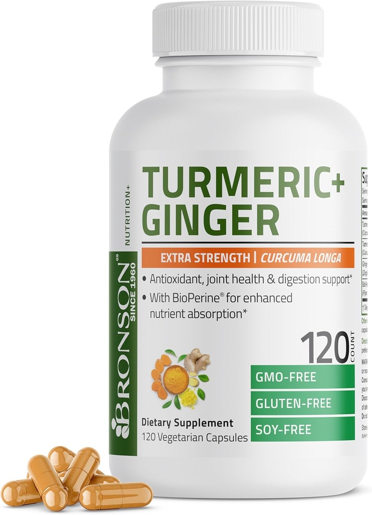 Bronson Turmeric + Ginger Ekstra Güçlü Ortak Sağlık ve Digestion Support with BioPerine, Non-GMO, 120 Vegetarian Capsules