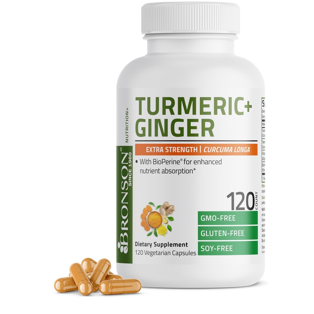 Bronson Turmeric + Ginger Ekstra Güçlü Ortak Sağlık ve Digestion Support with BioPerine, Non-GMO, 120 Vegetarian Capsules