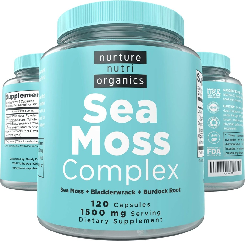 Nurture Nutri Organik Deniz Moss Kompleksi - 120 İrlandalı Deniz Moss Capsules | Deniz Moss Organik | İrlandalı Deniz Moss Organik Raw | Seamoss Raw Organic | Sea Moss ve Bladderwrack Capsules | Seamoss Pills | Sea Moss