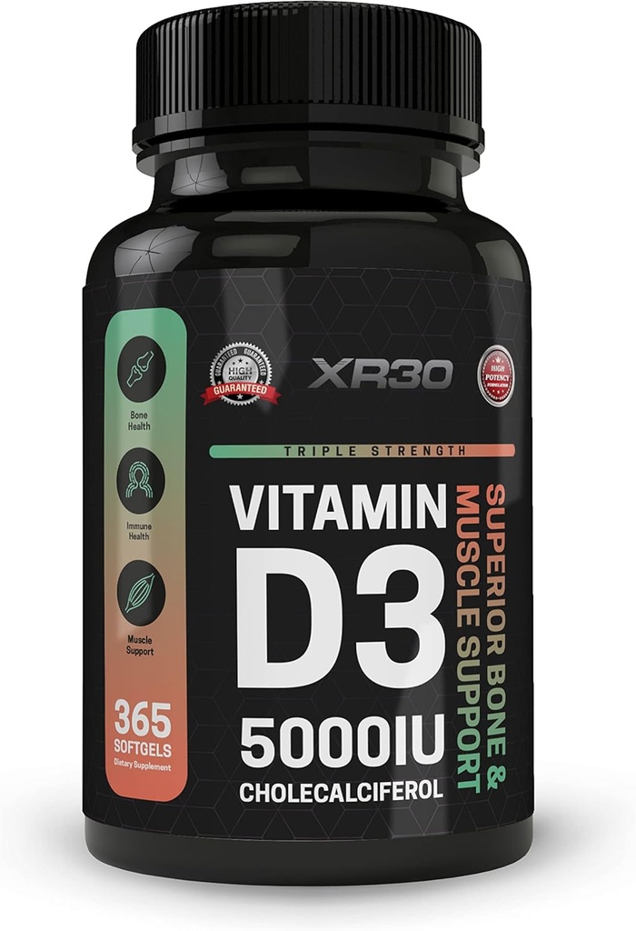 D3 5000IU Cholecalciferol - Üstün Bone & Muscle Support - 365 Softgels - ABD'de yapılan
