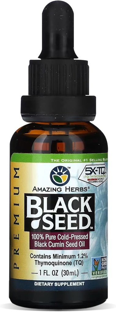 Amazing Herbs Premium Black Seed Oil - Ψυχρό Πιέζεται Nigella Sativa Aids σε Digestive Υγεία, Ανοσολογική Υποστήριξη, Λειτουργία του εγκεφάλου, Κοινή Κινητικότητα, Χωρίς Γλουτένη, Μη ΓΤΟ - 1 FL Oz