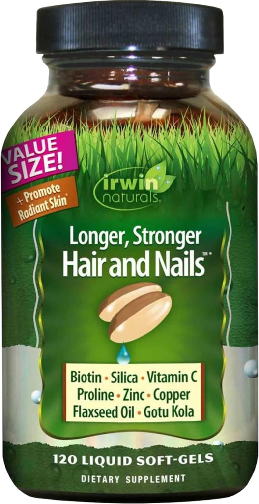 Irwin Naturals Longer, Stronger Hair and Nails - 120 Liquid Softgels - Promotes Vibrant Shine Texture & Strength