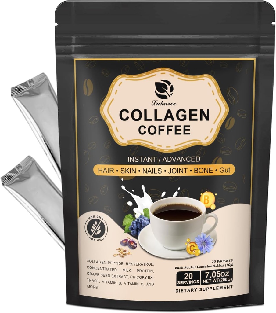 Lukaree Collagen καφέ με βιταμίνη B7, B9, Instant Collagen Peptide σκόνη με ρεσερατρόλη, βιταμίνη C, Καρνοσίνη για τα μαλλιά, δέρμα, νύχια, οστά