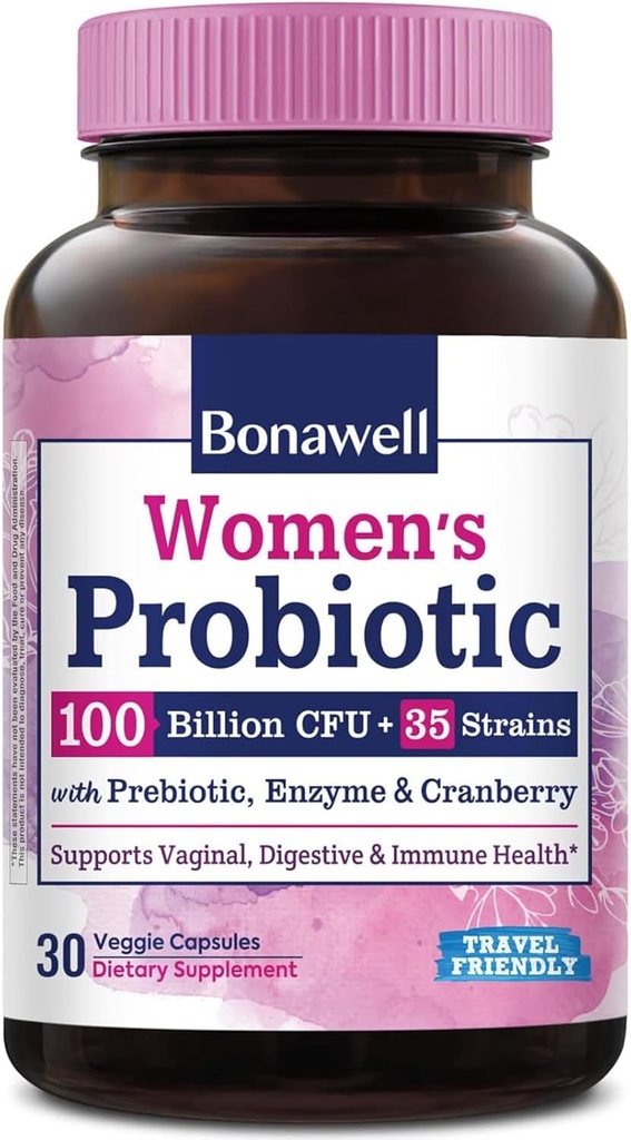 Kadınlar için Bonawell Probiyotikler, Prebiyotikler, Kadın Vaginal Sağlığı için Digestive Enzymes & Organik Cranberry, Digestion & Immunity, Raf-Stable, Gecikmiş-Release, 30 Veggie Caps