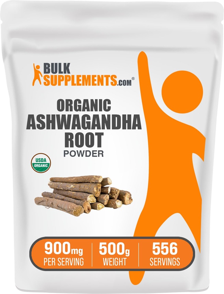 BulkSupplements.com Organik Ashwagandha Toz - Organik Ashwagandha Supplements, Ashwagandha Root - Gluten Free, 2g per Service, 500g (1.1 lbs) (Pack of 1)
