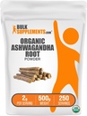 BulkSupplements.com Organik Ashwagandha Toz - Organik Ashwagandha Supplements, Ashwagandha Root - Gluten Free, 2g per Service, 500g (1.1 lbs) (Pack of 1)