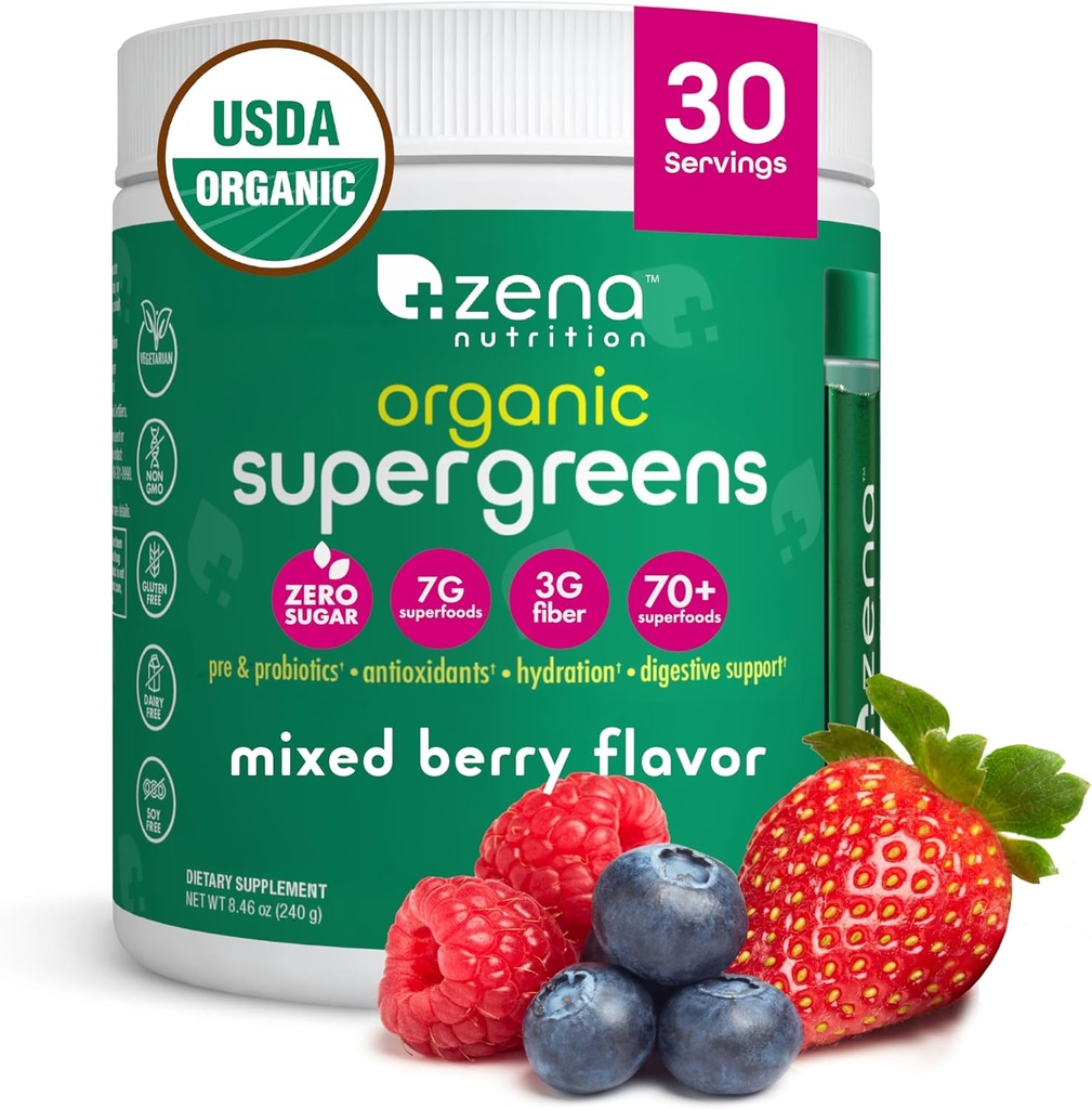 Zena Nutrition Organic Super Greens Powder, 70+ Superfoods, 0 Ζάχαρη, 3G Fiber, Spirulina, Chlorella, Αντιοξειδωτικά, Προβιοτικά/Προβιοτικά, Digestive Ένζυμα, Μικτό μούρο, 30 Μερίδες
