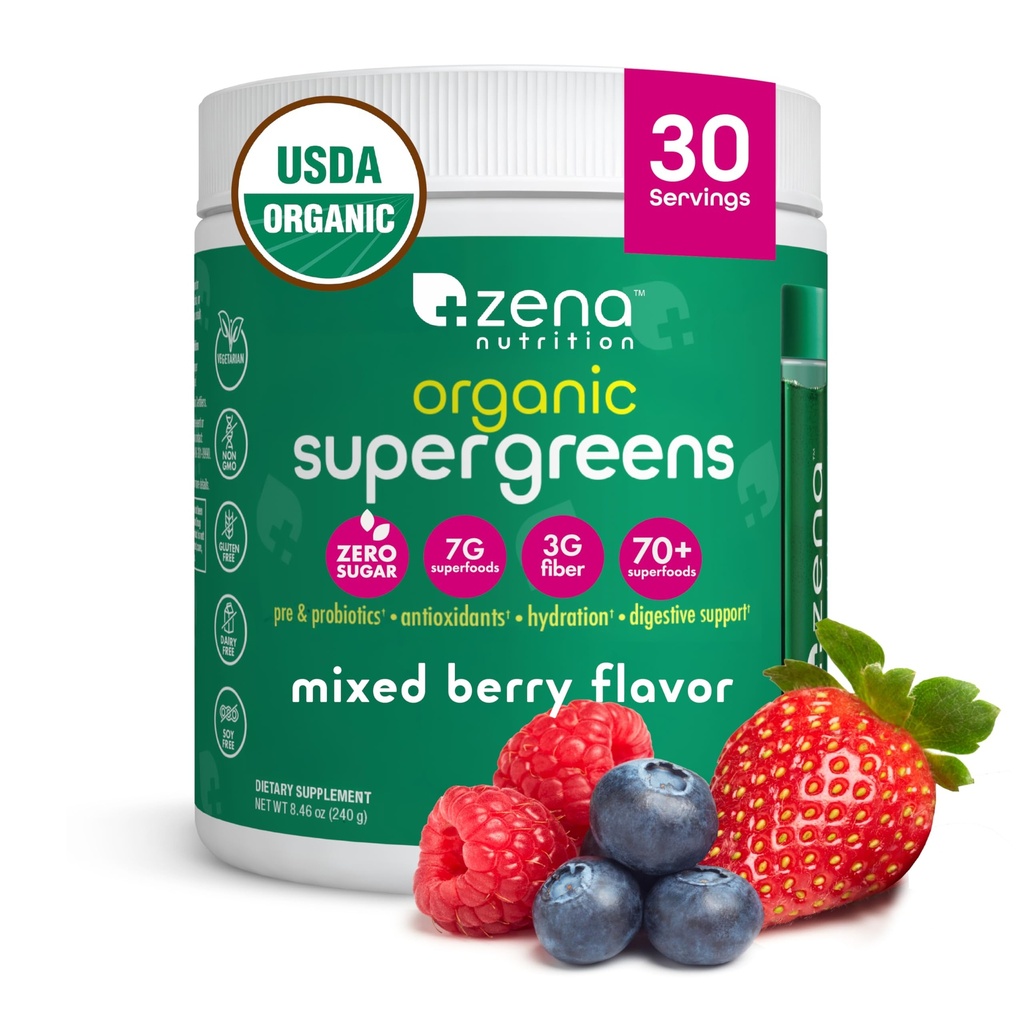Zena Nutrition Organic Super Greens Toz, 70+ Superfoods, 0 Sugar, 3G Fiber, Spirulina, Chlorella, Antioksis, Prebiyotiks/Probiyotiks, Digestive Enzymes, Karma Berry, 30 Hizmet