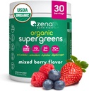 Zena Nutrition Organic Super Greens Powder, 70+ Superfoods, 0 Ζάχαρη, 3G Fiber, Spirulina, Chlorella, Αντιοξειδωτικά, Προβιοτικά/Προβιοτικά, Digestive Ένζυμα, Μικτό μούρο, 30 Μερίδες