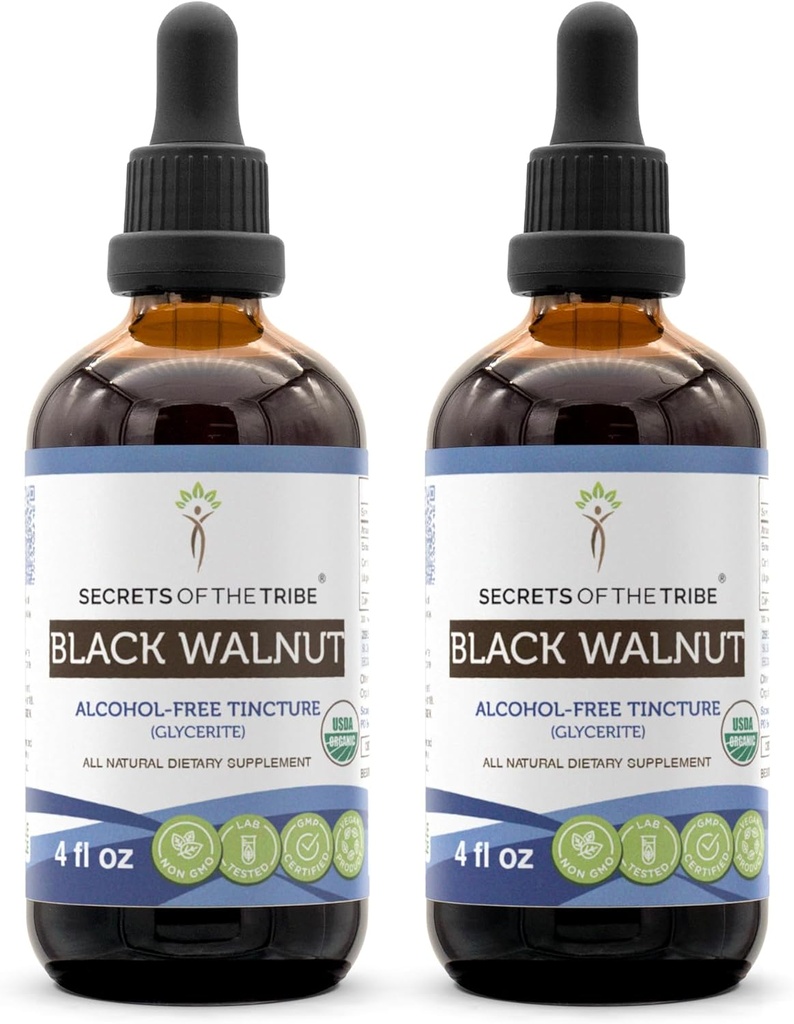 Tribe Black Walnut USDA Organik | Alkol Özgür Tür, Yüksek Lisans Herbal Drops | %100 sertifikalı Organik Black Walnut (Juglans Nigra) Hull 2x4 oz4 oz