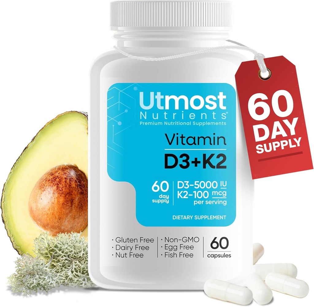 Βιταμίνη D3 με K2-5000iu Vitamin D και 100 mcg Vitamin K συμπλήρωμα σε μία κάψουλα για μέγιστη βιοδιαθεσιμότητα - Ενισχύει την Απορρόφηση Ασβεστίου για την Καρδιαγγειακή, Ανοσοποιητική και Οστική Υγεία (60 Κάψουλες)