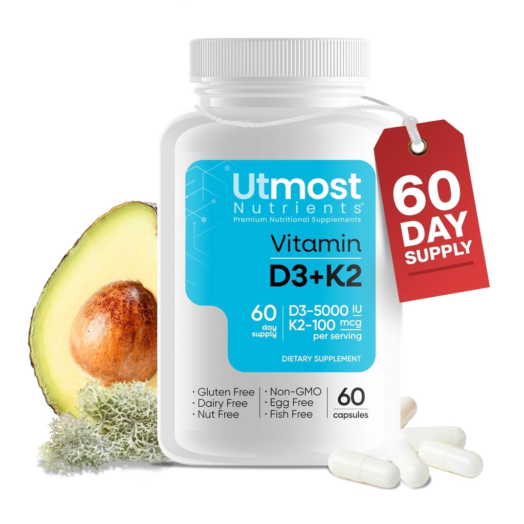 Vitamin D3 (5000iu) with K2 (100mcg) in one Capsule for Maximum Bioavailability - Helps Calcium go to Your Bones and Teeth, not Hardening in Your Arteries. Enhances Calcium Absorption.
