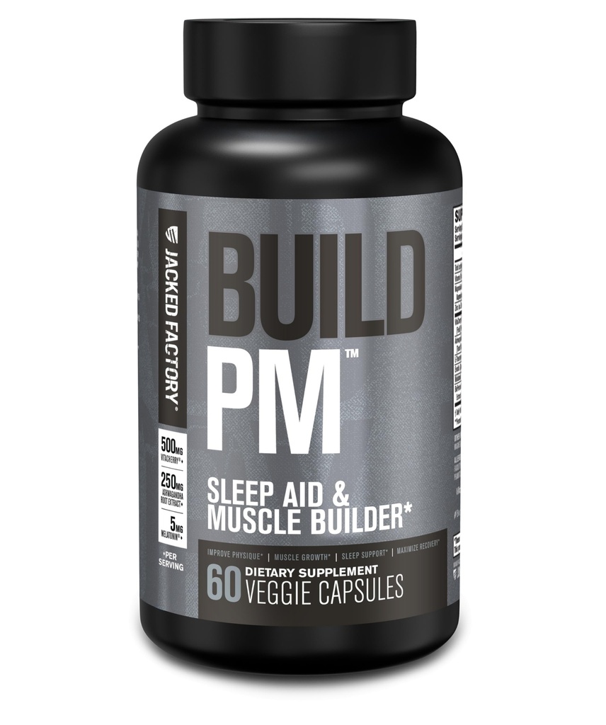 Jacked Factory PM Night Time Muscle Builder & Sleep Aid - Post Workout Recovery & Sleep Support Supplement w/VitaCherry Tart Cherry, Ashwagandha, & Melatonin - 60 Natural Veggie Pills