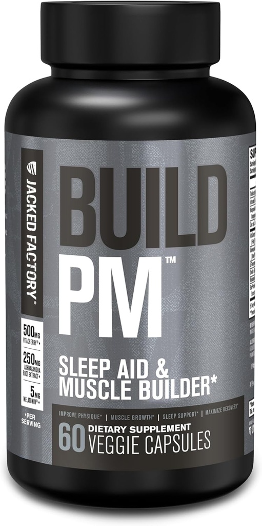 Jacked Factory PM Night Time Muscle Builder & Sleep Aid - Post Workout Recovery & Sleep Support Supplement w/VitaCherry Tart Cherry, Ashwagandha, & Melatonin - 60 Natural Veggie Pills
