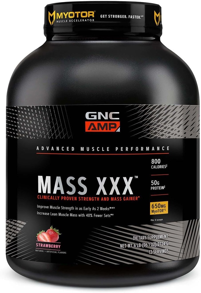 GNC AMP Mass XXX, Klinik olarak Proven Kilo Kazanıcı Protein Tozu, Güçlü ve Boyut Geliştirir, 780 Calories, 50g Protein, Mikronized Amino Asits, Kretine, Betaine, Strawberry, 13 Hizmet, 6 Pounds
