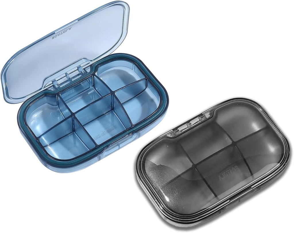 2 Pack 6 Κουτί χαπιών διαμερίσματος, Θήκη χαπιών απόδειξης υγρασίας, Οργανωτής χαπιών ταξιδιών για το πορτοφόλι τσέπης, Καθημερινή Φορητή ιατρική Βιταμίνη κουτί, κουτί ιχθυέλαιο, κουτί συμπλήρωμα (μπλε & μαύρο)