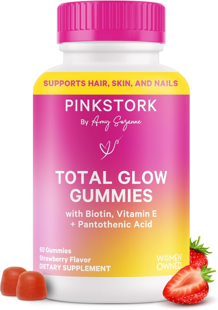 Pink Stork Total Glow Gummies for Women – Saç, Skin & Nails Vitamin with Biotin, A, B6, B12, Folate, çinko & More – Oral Skin, Güçlü Nails ve Sağlıklı Saçlar için Destek – 60 Berry Gummies