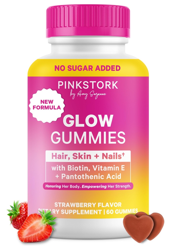 Pink Stork Total Glow Gummies for Women – Saç, Skin & Nails Vitamin with Biotin, A, B6, B12, Folate, çinko & More – Oral Skin, Güçlü Nails ve Sağlıklı Saçlar için Destek – 60 Berry Gummies