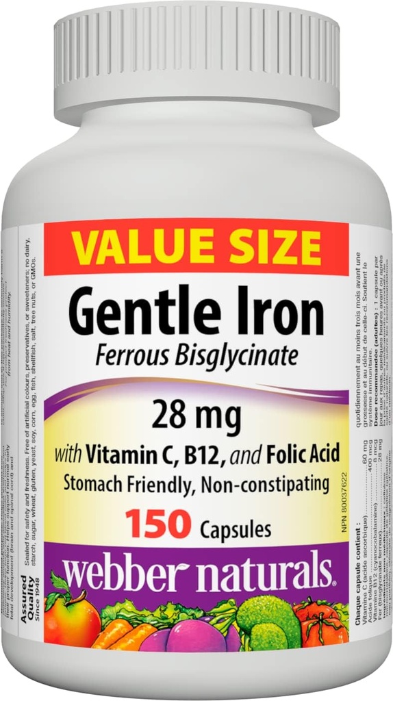 Webber Natural Gentle Iron Supplement with Vitamin C, B12 ve Folic Acid, 28 mg, 150 Capsules, Stomach-Friendly, Non-Constipating, Helps prevent Iron Deficiency Anemi