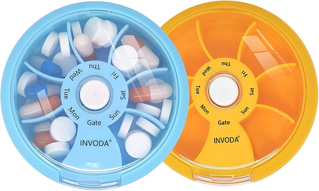 INVODA Weekly Pill Organizer 7 Διαμέρισμα Περιστρεφόμενο Χάπια Κουτί για Καθημερινή Φάρμακα & Βιταμίνες - Φορητή Περιπτωσιολογική Υπόθεση Χάπια Ψαρέλαιο Συμπληρώματα Βιταμίνες Οργανωτής (Blue+Orange)