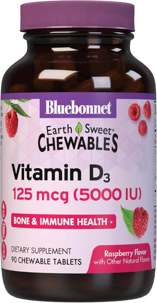 Bluebonnet Beslenme Dünya Tatlı D3 5000 I Chewable Tabletler, Kas & Skeletal Büyüme, GMO, Gluten & Soy & Süt Ücretsiz, Kosher, Raspberry, White, 90 Count