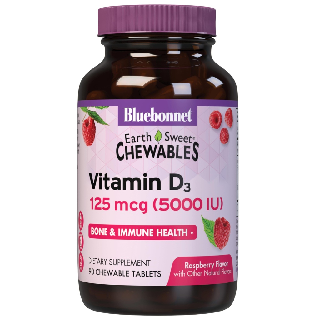 Bluebonnet Beslenme Dünya Tatlı D3 5000 I Chewable Tabletler, Kas & Skeletal Büyüme, GMO, Gluten & Soy & Süt Ücretsiz, Kosher, Raspberry, White, 90 Count