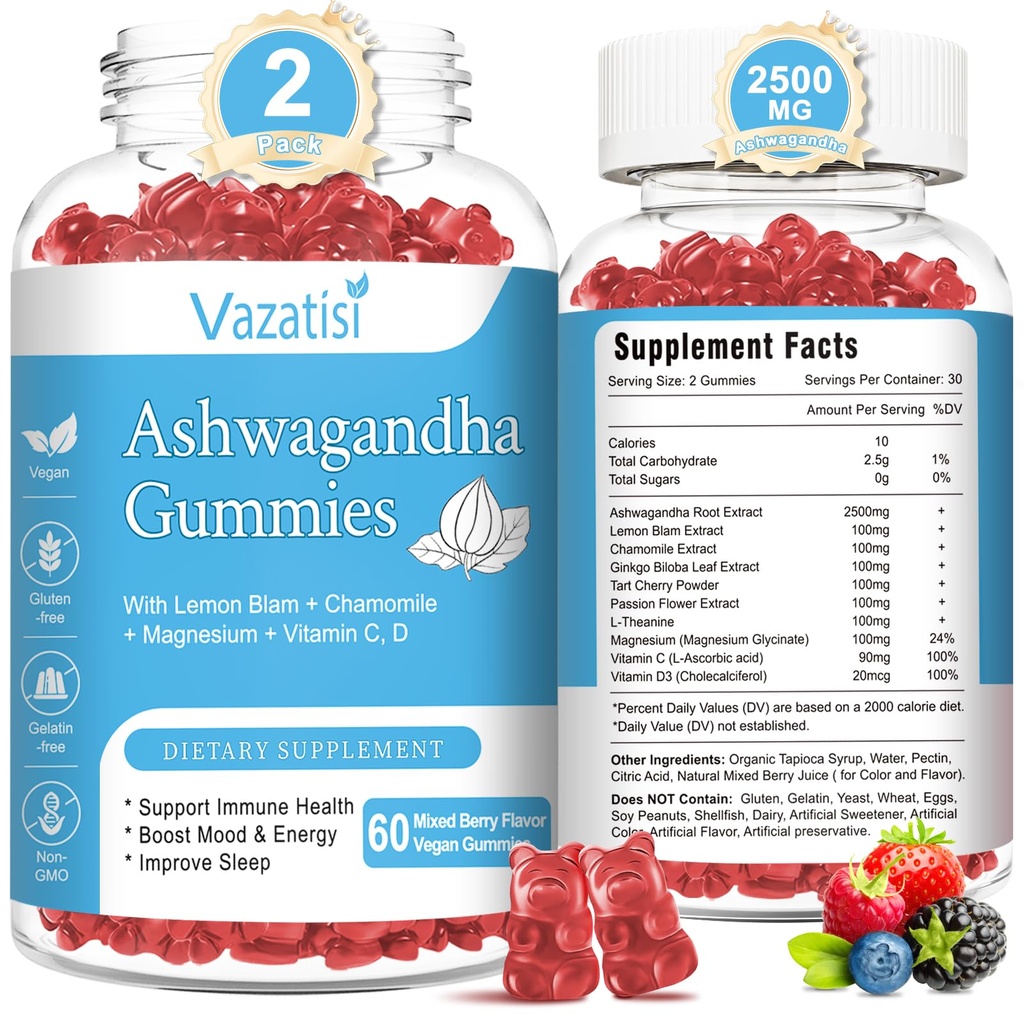 2 Pack Ashwagandha Gummies for Women Men, Sugar Free Organic Ashwagandha Gummies Supplement for Relax Restore Balance, Vegan Gluten Free, 120 Count