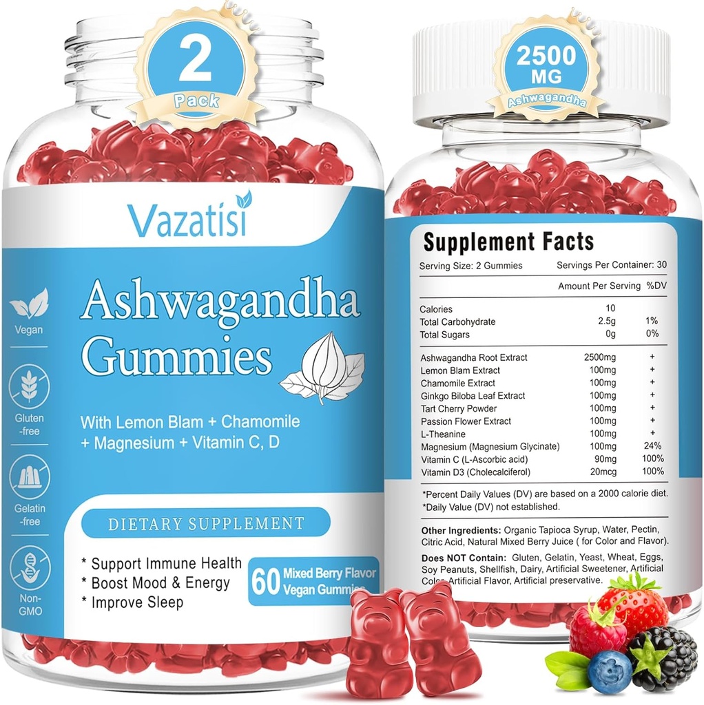2 Pack Ashwagandha Gummies for Women Men, Sugar Free Organic Ashwagandha Gummies Supplement for Relax Restore Balance, Vegan Gluten Free, 120 Count