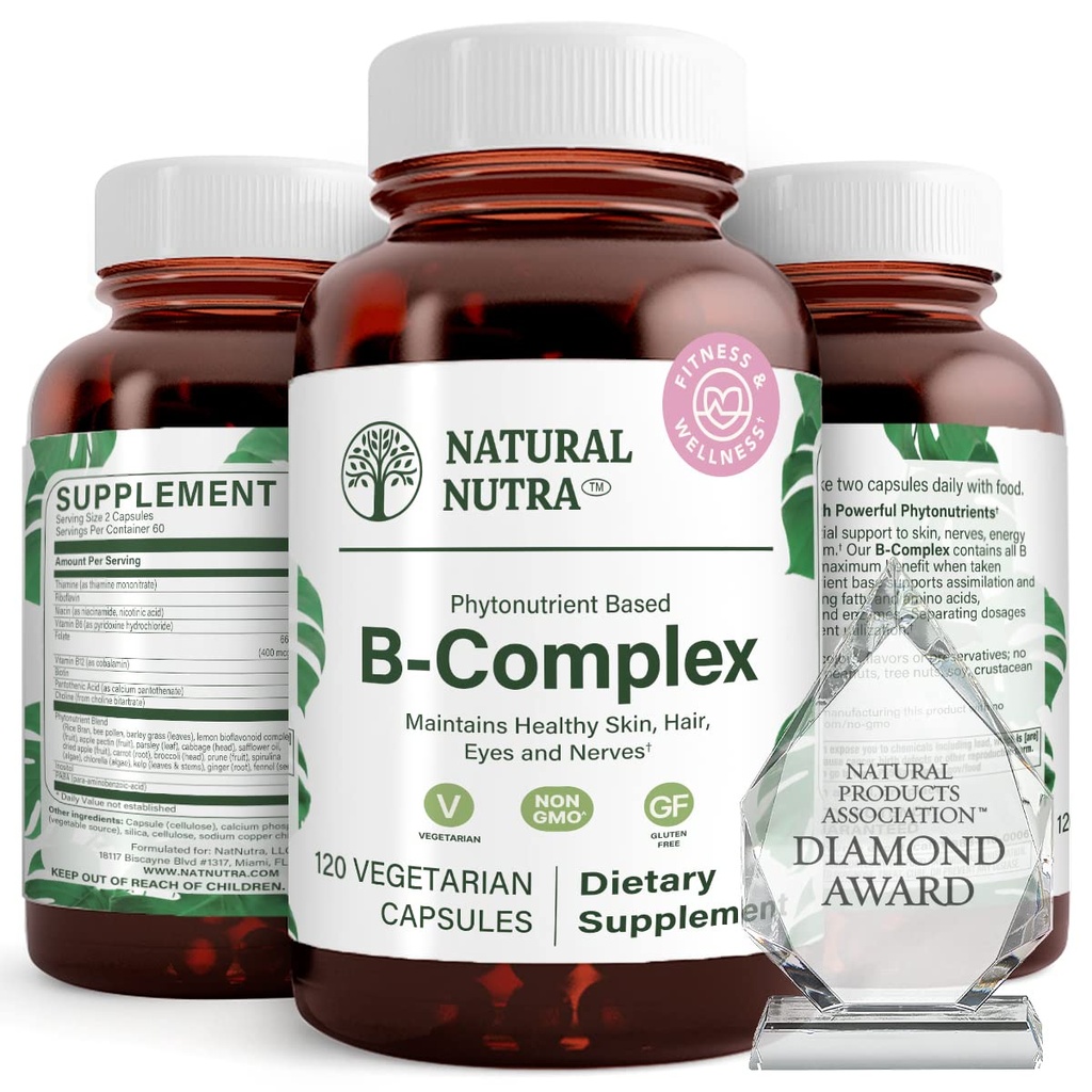Doğal Nutra Vitamin B Kompleksi Niacin, Folate, Thiamin, Biotin, Supports Nervous System Health, Metabolism, Skin, Gözler ve Saç Sağlığı, Tüm Gıda Tamam, 120 Vegetarian Capsules