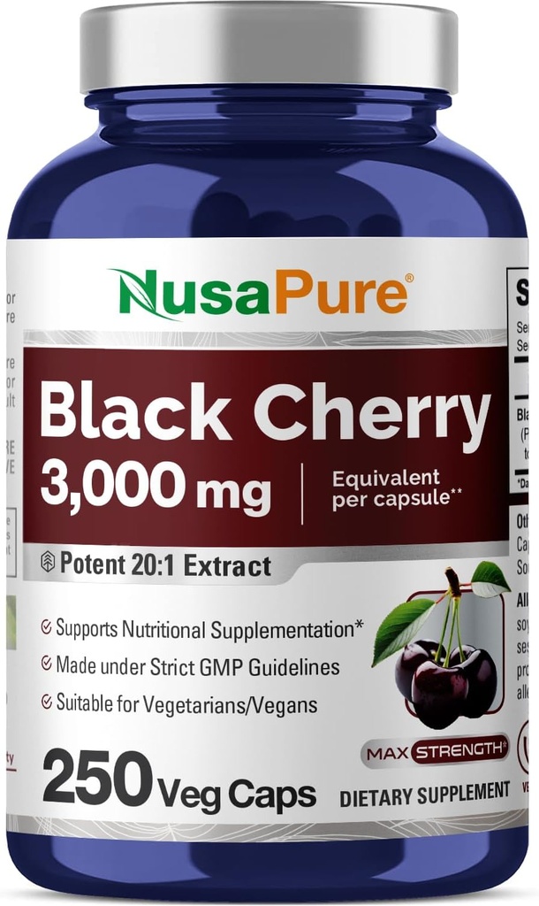 NusaPure Black Cherry Extract 3.000mg 250 κάψουλες λαχανικών Max Potency, Non-GMO, Bioperine